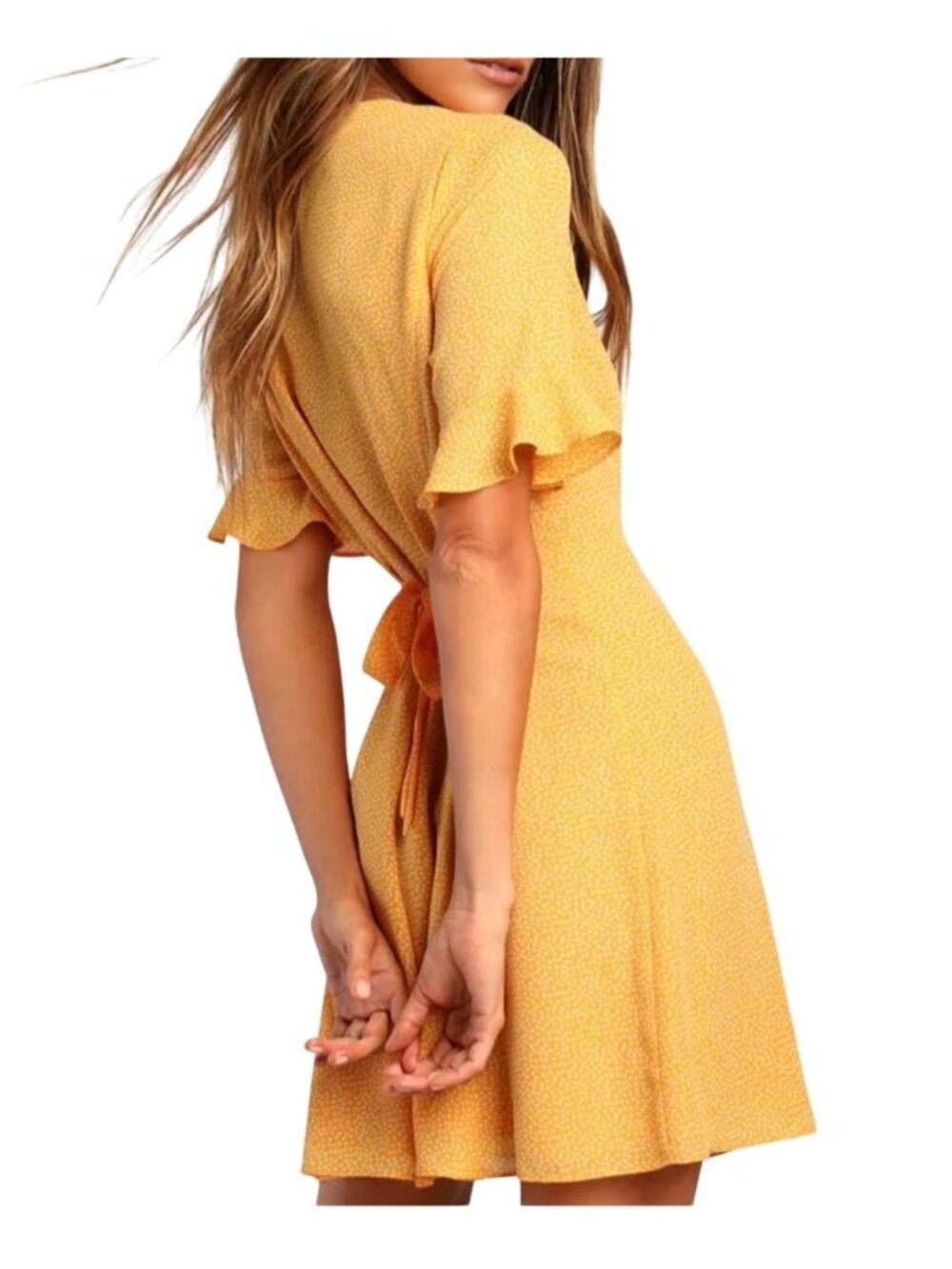 Lulus Castana Mustard Yellow Button-Up Dress With Ruffle Sleeves & Tie Back XL - Picture 2 of 16